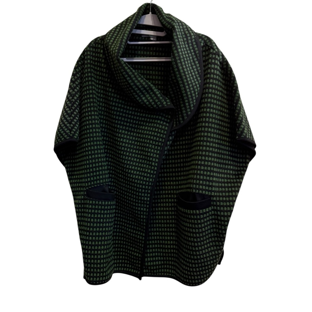 Eva Franco Anthropologie Women’s Black Green Check Funnel Neck Cocoon Cape M/L